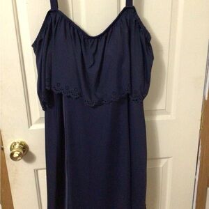 Swim 365 Laser cut navy blue swim suit   Cold shoulder short sleeve longer skirt